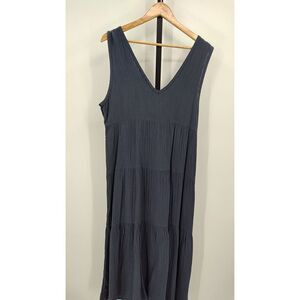 Quince Slate Blue Tiered V-Neck Sleeveless Maxi Dress